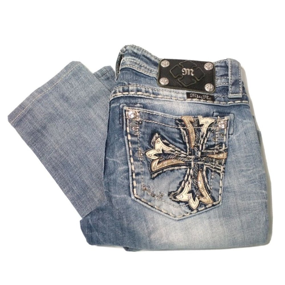 Miss Me Jeans Womens Size 27 JE80435L Skinny Rhinestone Stretch Cross 28x29